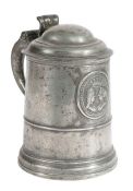 A rare William & Mary pewter OEAS quart domed-lidded straight-sided Royal commemorative tankard,