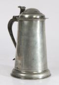 A Queen Anne pewter straight-sided dome-lidded flagon, Lancashire, circa 1710 Having a plain,