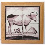 An 18th century Dutch Delft tile panel Designed in manganese, showing a standing cow, mounted 26cm x
