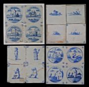 A collection of mounted 18th century Dutch tile panels To examples with townscapes and figures