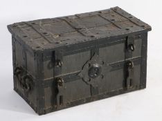 An early 17th century iron strong box, German Of rectangular form, bound with riveted strapwork,
