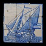 An 18th Century Dutch Delft tile picture Designed in blue, with a ship full mast at sea, 40cm x