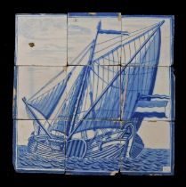 An 18th Century Dutch Delft tile picture Designed in blue, with a ship full mast at sea, 40cm x