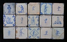 A collection of 18th century Dutch Delft tiles Designed in blue, each depicting a different figure