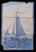 An 18th century Dutch Delft picture tile Designed in blue, with a boat at sail, 26cm x 40cm