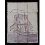 An 18th century Dutch Delft picture tile In blue, designed as a ship in full sail, 40cm x 54cm