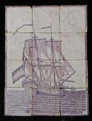 An 18th century Dutch Delft picture tile In blue, designed as a ship in full sail, 40cm x 54cm