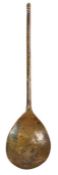 A rare 15th century latten proto-acorn knop spoon, English Having a long lozenge-shaped stem and