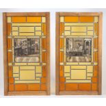 Two 19th century stained glass window panels Each centred by a scene depicting craftsmen at work,