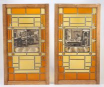 Two 19th century stained glass window panels Each centred by a scene depicting craftsmen at work,