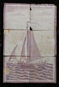 An 18th century Dutch Delft tile panel Designed in manganese, with a ship at sail, 26cm x 40cm