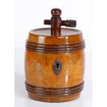 A novelty treen tea caddy In the form of a barrel, 14cm high