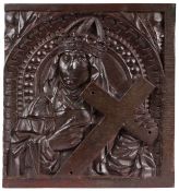 An impressive early 16th century carved oak Virgin panel, circa 1500-20 The crowned Virgin (Queen of