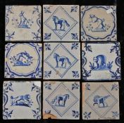 A collection of nine 18th century Dutch Delft tiles To include examples with horses, goat, hares and