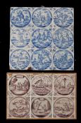 A set of six 18th century mounted Delft tiles Designed in manganese, with Biblical scenes, 43cm x