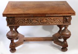 An oak draw-leaf table, in the Dutch 17th century manner, Having a fully-cleated top and end leaves,