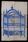 An 18th century Dutch Delft picture tile Designed in blue, with a caged yellow bird, 26cm x 40cm
