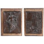 Two 18th century carved oak panels The first with ruins above a rocky outcrop, 21cm wide, 31cm high,