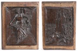 Two 18th century carved oak panels The first with ruins above a rocky outcrop, 21cm wide, 31cm high,