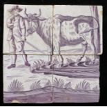 An 18th century Dutch Delft picture tile Designed in manganese, with a cow and farmer, 26cm x 26cm