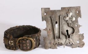 A 17th century iron lock The square-shaped plate with decorative mounts, 17cm x 17cm, together