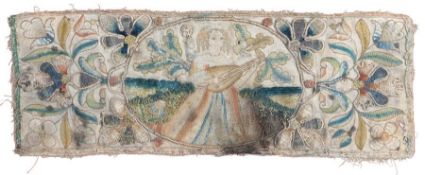 A 17th century needlework panel, circa 1660 Designed with the central female figure playing a lute