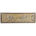 An unusual primitive painting, of a medieval scene Oil on board Depicting farm labourers, a Lord