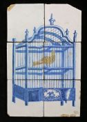 An 18th Century Dutch Delft tile panel Painted mainly in blue, with a caged yellow bird, 26cm x