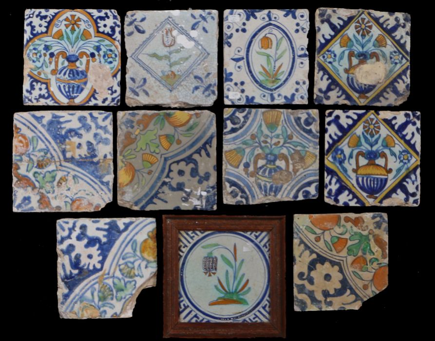 A collection of 18th century polychrome tiles To include foliate examples corner sections, and a - Image 2 of 2