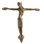 A bronze Mosan-type crucifix, possibly 14th century, Designed with Christ on the cross wearing a