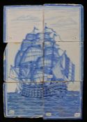 An 18th century Dutch Delft picture tile Designed in blue, with a ship at sail , 26cm x 38cm