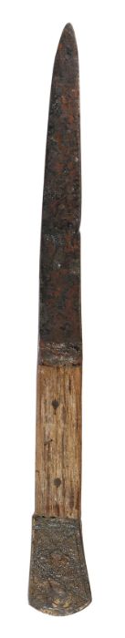 A mid-15th century table knife, circa 1450 The fullered iron blade with a wood handle and metal