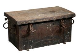 A pine and iron-clad strong box, circa 1800 Having a hinged lid, two hasps and side loops for