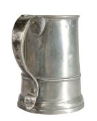 A George II pewter OEWS quart straight-sided mug, with low single fillet, Bristol, circa 1730-40.