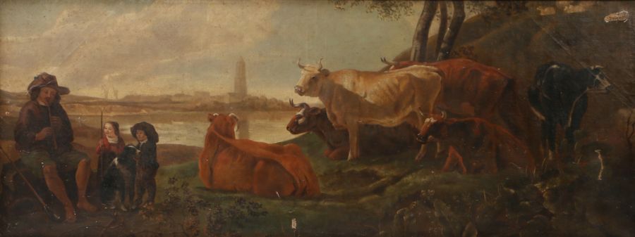 19th century Dutch school Oil on canvas A bucolic landscape scene with herdsman playing a pipe to - Image 2 of 2