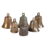 A group of six mainly 17th/18th century bronze handbells To included an example by William Cor,