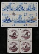 A mounted collection of six 18th century Dutch Delft tiles Designed in blue, depicting buildings and
