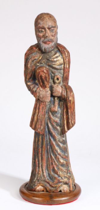 A 17th/18th century Spanish Colonial carved and painted figure of St Peter Dressed in blue, red - Image 2 of 2