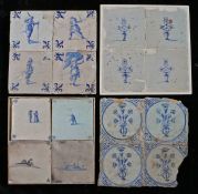 A collection of mounted 18th century Dutch tile panels To include two designed with flower-filled