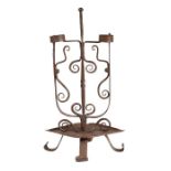 A wrought iron double rushlight or peerman, Scottish Possibly 19th century,  having a ball knopped