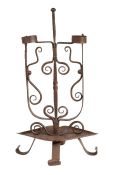 A wrought iron double rushlight or peerman, Scottish Possibly 19th century,  having a ball knopped