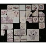 A collection of 18th Century Delft tiles To include manganese examples, designed with buildings,