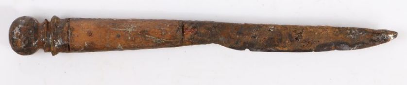 A 16th century table knife The fullered iron blade with pinned bone handle and iron pommel, 16.5cm