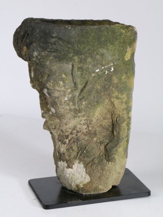 An unusual carved Medieval stone head The top hollowed out for offerings, above a bearded face, 40cm - Image 3 of 3