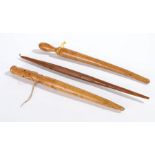 Three fruitwood lard 'skewers' Two of turned tapering form, one with baluster-shaped handle and