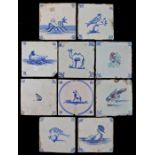 A collection of 18th Century Dutch Delft tiles To include eight designed in blue depicting various