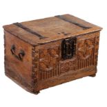 A boarded oak chest, possibly 15th century Of dove-tail construction, the top of two boards, and