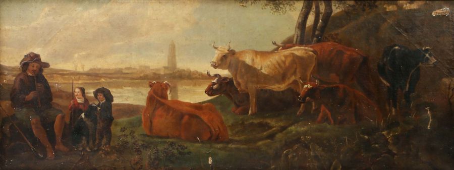 19th century Dutch school Oil on canvas A bucolic landscape scene with herdsman playing a pipe to