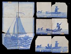 A collection of 18th century Delft tile pictures To include three pairs of boating scenes,