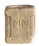 A rare William III carved sandstone mortar, dated 1696 Of square section architectural from, the